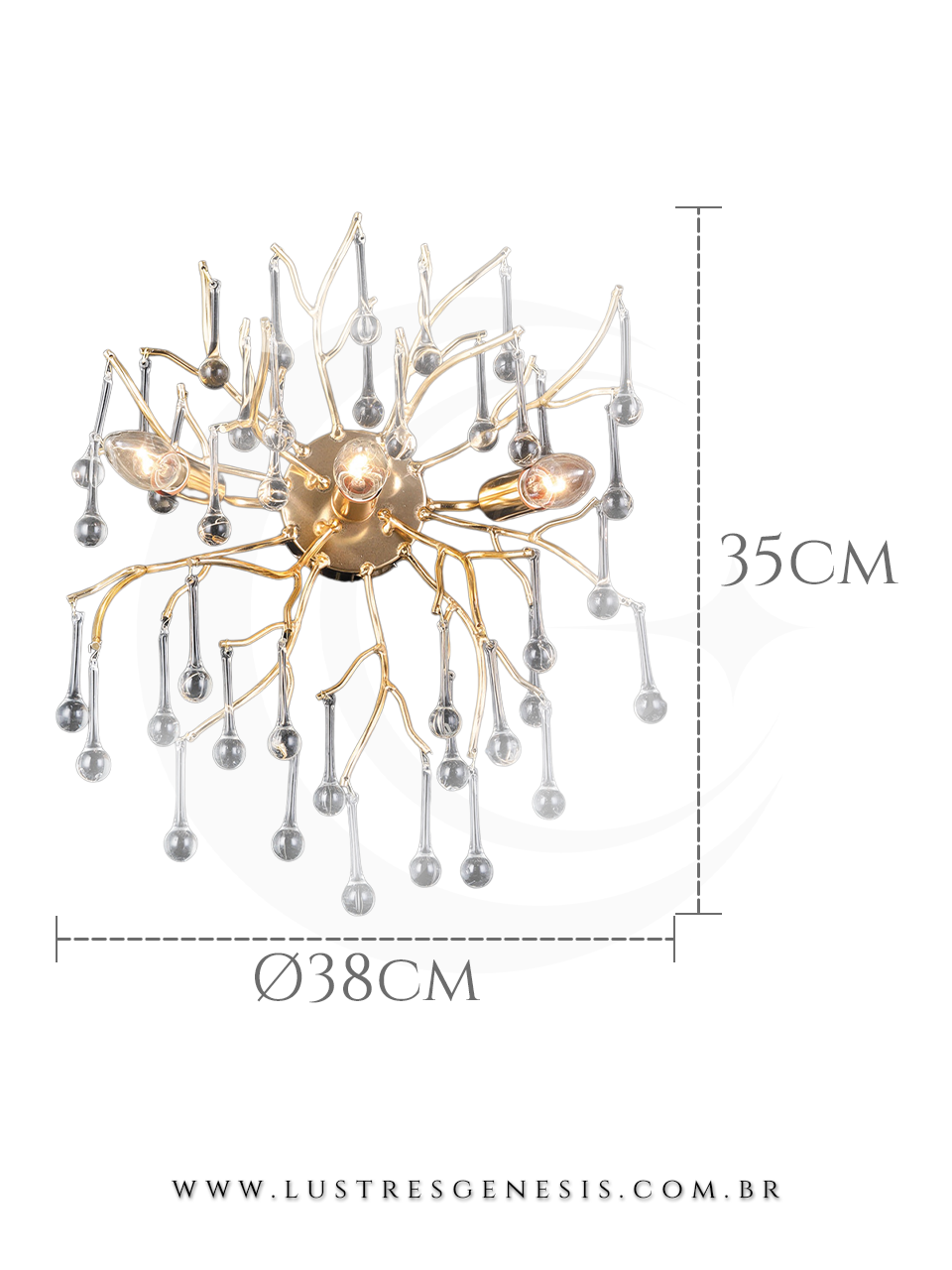 Arandela Parede de Cristal Galho Dourado 38x35cm Para Sua Parede